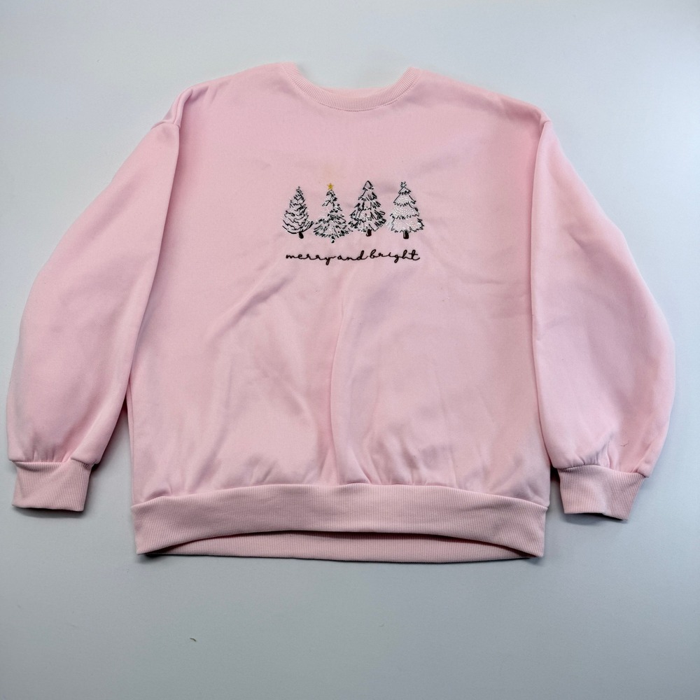 SHEIN Pink Christmas Tree Merry and Bright Embroidered Sweatshirt Medium